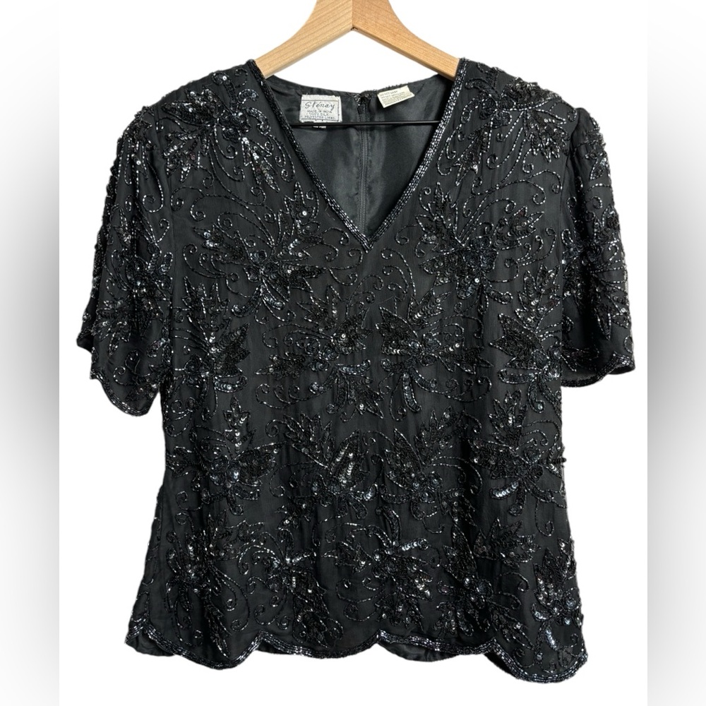 Stenay Womens Top Blouse Size L Black Silk Beads Sequins Handmade Vintage